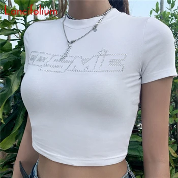 Seksualus Deimantų Marškinėliai Moterims Kosminės Grafinis Laiškas Mielas Pasėlių Top White Tee Marškinėliai Vasaros 2020 Kpop Nenaudėlis Egirl Apkarpytos Viršuje Femme