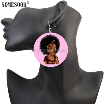 SOMESOOR Mielas Afro Kūdikių Pop Meno Mediniai Lašas Auskarai Black Girl Magic Rock Garbanos Dizainas, Spausdinami Medienos Tabaluoti Moterims, Dovanos