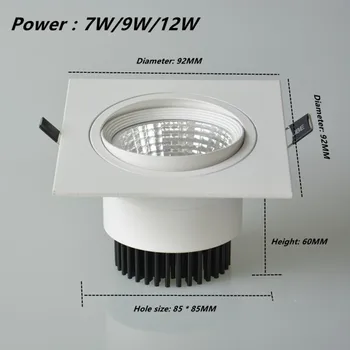 Super ryškus LED kvadratinių COB downlight pritemdomi AC85-265v įterptųjų LED lubų šviesos prožektoriai, lemputės, patalpų apšvietimas