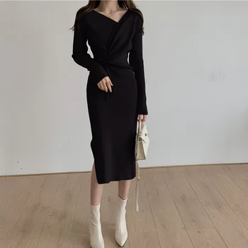 Vientisas Megzti Megztinis Suknelė Moterims 2020 Naujų Rudens Raišteliu Bodycon Suknelė Korėjos Slim Moteris Megztos Suknelės Lady Suknelė