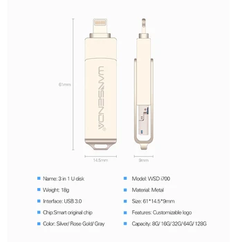 WANSENDA 3-in-1 USB 3.0 Flash Drive for iPhone/iPad/IOS/Android/VNT Pendrive 128GB 64GB 32GB 16GB OTG Pen Drive USB Atmintinės