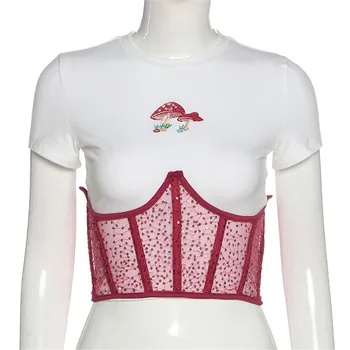 Y2K Blizgančiais Tvarstis Korsetas Apkarpyti Viršūnes Moterų 2021 M. Vasaros Mados Nėriniai-up Raudonas Diržas Diržas-Korsetas Merginų Grupė Clubwear Komplektai