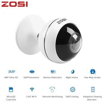 ZOSI 3MP Patalpų Belaidis 360 Laipsnių Panoramines IP Saugos Kamera, WiFi Kamera Judesio Signalizacijos Dviejų krypčių Garso ir SPINDULIŲ Naktinio Matymo TF Lizdas