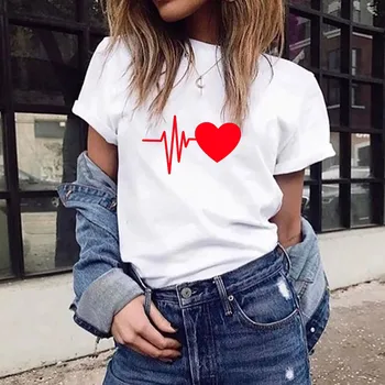 2019 Moterų marškinėliai Mados Puikus Širdies Spausdinti trumpomis Rankovėmis T-shirt Harajuku Juoda Balta Moterų marškinėliai Streetwear Viršūnes @30Feb 5