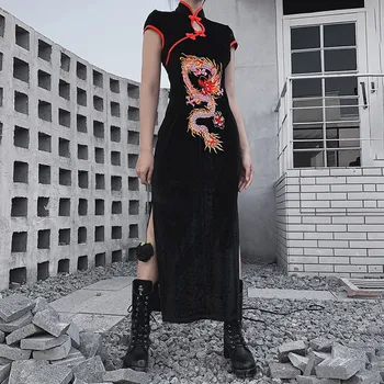 2019 Naujas Juodas Slim Siuvinėjimo Suknelė Ilgomis Rankovėmis Golfo Gothic Punk Streetwear Moterų Rudenį Bodycon Helovinas Drabužius#J30