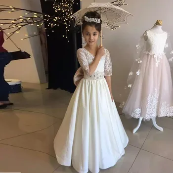 2020 Gėlių mergaičių Suknelės, Vestuvių Šalis, Pirmoji Komunija Satino Lankas Nėrinių Pusė Rankovės-line Princesė Vaikai skraiste filė mariage
