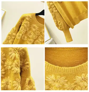 2020 m. Pavasarį, Rudenį Storio rankdarbių Siuvinėjimo trimatis Gėlių Apvalios Kaklo Prarasti Tinka Megztinis Moterų Sweates Outwear