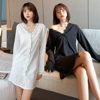 2020 M. Rudenį Seksualus Šilko Satino Ilgomis Rankovėmis Mini Suknelė Pižamą Moterų Korėjos Nėrinių Namų Suknelė Naktį Suknelė Sleepwear Nightdress Nighty