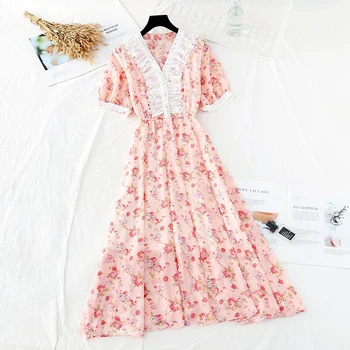2020 moterų mados gėlių spausdinti midi suknelė trumpomis rankovėmis mygtukai ponios elegantiškas v-kaklo derliaus suknelė vasaros šifono suknelės