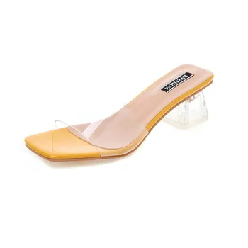 2020 naujas Moterų Sandalai, Batai Įžymybė Dėvi Paprastus Stiliaus PVC Aišku, Strappy Sagtis Aukštakulnius Moteris Skaidrius Aukštakulnius Geltona