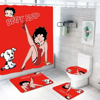 4 Gabalus Betty Boop Dušo Užuolaidos Tualetas Lūpų Padengti U Formos Kilimas Namų Dekoro Vonios Rinkiniai, 3D Spausdinimas su Kabliukais Dušo Užuolaidos