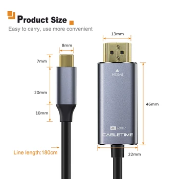 CABLETIME USB C Tipo HDMI Kabelis USB C HDMI Adapteris V/M 4K 60Hz Konverteris, 1,8 m Laidas 