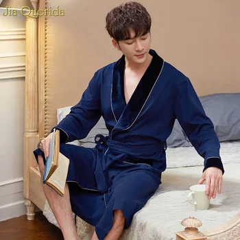 Chalatas Vyrams, Ilgomis Rankovėmis Pižamą Minimalistinio Stiliaus Aksomo Apykakle Manžetai Medvilnės Audinio Chalatas, Vonios Kinijos Royal Blue Kimono Vyras