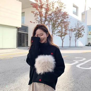 Dangos Siūlai Golfo Žiemos Džemperis Moterims 2019 Korėjos Stiliaus Mielas Širdies Siuvinėjimo Megztiniai Megztinis (Puloveris Trikotažas T350 Black