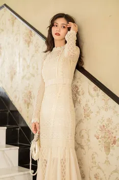Derliaus Elegantiškas Undinė Šalis Suknelė Moterims 2019 M. Rudenį Long Sleeve Lace Tuščiaviduriai Iš Retro Šalies Klubas Ponios Suknelės Vestidos