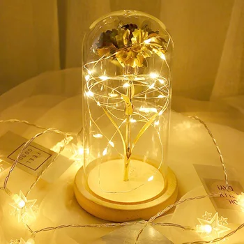 Dirbtinis Amžinąjį Spalvinga Goldleaf Gvazdikų Stiklo Dangtis Dome Lempa su LED Šviesos Ornamentų Valentino Kalėdų dovana