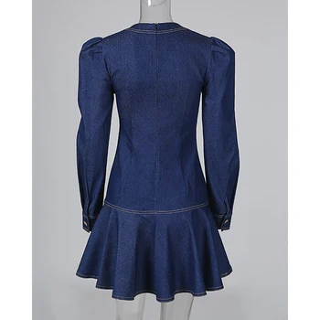 Džinsinio audinio Long Sleeve V-Kaklo Ruffles Šalis Suknelė Mini Skraiste Femme Mėlyna Žiemos Suknelės 2020 korėjos Drabužių SJ4768R