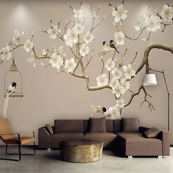 Foto Tapetai Kinų Stiliaus Ranka-dažytos Gėlių Ir Paukščių Skaičius Magnolia Gėlių Freskomis Kambarį Tyrimą, Namų Dekoro Tapetai