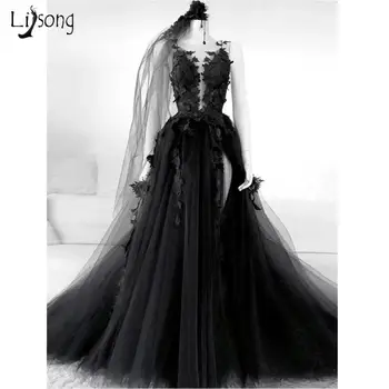Gothic Black Vestuvių Suknelės, Seksualus Backless Aukšto Pusėje Split-line Bridal Nėrinių Suknelė Vestuvių Suknelės Vestido De Novia