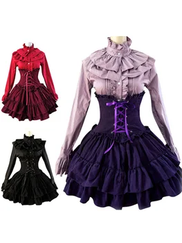 Gothic Lolita Dress SK Levandų Aukšto Juosmens Nėrinių Raukiniai Lolita Sijonas