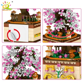 HUIQIBAO 487Pcs Sakura Temą Muzika, Muzikos Langelį, Statyba Blokai Miesto Rytų Vyšnių Medžio Kūrybiškumą Plytų Voverė Duomenys Žaislai