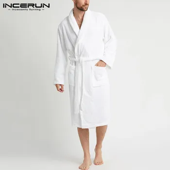 INCERUN Laisvalaikio vientisos Spalvos maudymosi Chalatai Vyrams Žiemos Ilgos Rankovės Atvartas Sleepwear Šiltas Kišenės Kimono Homewear Nėrinių Pižamą 5XL