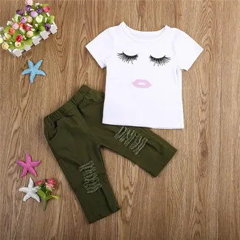 JAV Akcijų Bamblys Vaikas Kūdikių Mergaičių Blakstienų Viršūnės T-shirt Skylę Kelnes Komplektus Drabužių