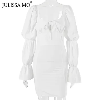 JULISSA MO Elegantiškas Sluoksniuotos Rankovėmis Bodycon Suknelės Baltos Seksualus Backless Ruched Dress Moterys Vasarą, Naktį Šalies Trumpas Vestidos 2020 m.