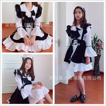 Juoda ir balta ilgomis rankovėmis gothic lolita vėjo kambarinės kostiumas cosplay suaugusiųjų kostiumas COS suknelė tarnaitė suknelė anime love live cosplay