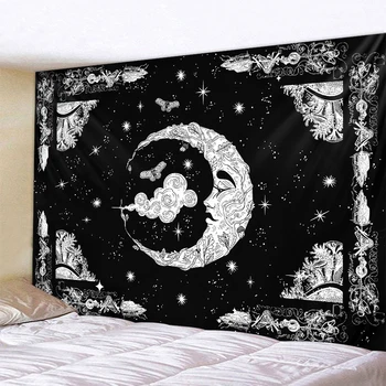 Juoda ir balta mėnulio Mandala gobelenas Bohemijos apdaila sienos kabo miegamojo psichodelinio scenos žvaigždės meno namų puošybai