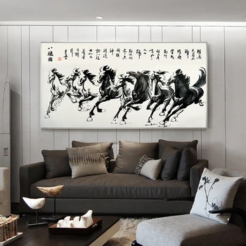 Kinijos Aštuoni Arkliai Paveikslų Spausdinimas ant Drobės Retro Gyvūnų Plakatai Juodos ir Baltos Sienos Meno Nuotraukas Kambarį Namų Dekoro