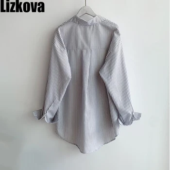 Lizkova 2021 Dryžuotas Marškinėliai Moterims Negabaritinių Chemise Femme Korėjos Oficiali Kišenėje Blusas Elegantes Viršūnes 7803