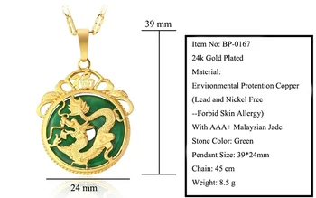 M. G. Fam Kinijos Senovės Talismanas Dragon Pakabukas Karoliai Gryno Aukso Spalva AAA+ Žalia kalnų krištolas su 45cm Grandinės