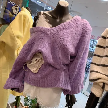 Mados moterų megztinis 2020 m. rudens ir žiemos prarasti didelio dydžio šikšnosparnių rankovėmis tingus V-kaklo džemperis džemperis moterims