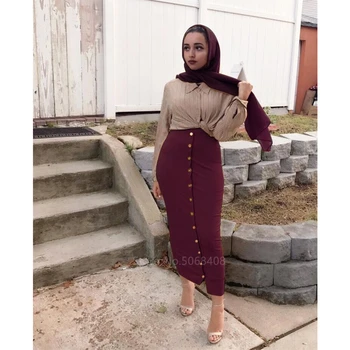 Mados Musulmonų Elegantiškas Sijonas Islamo Dubajus Turkijos Kietas Pusė Suknelė Moterims Aukštis Juosmens Mygtukai Šalis, Ilgas, Maxi Islamo Apranga