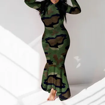 Maskuojanti Žalia Ilga Suknelė Plius Dydis Rudens Drabužiai Afrikos Moterų Atsitiktinis Stovėti Collor Bodycon Ruožas XL-5XL Moterų Maxi Suknelė