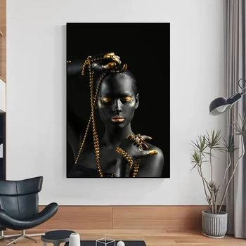 Moderni Juoda Golden Nude, Afrikos Moterų Naftos Tapyba ant Drobės, Plakatų ir grafikos Skandinavijos Sienos Meno Nuotrauka už Kambarį
