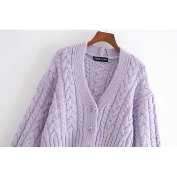 Moterų Megztinis Atsitiktinis Za Mados 2021 Violetinė V Kaklo Kovos Rankovės susagstomi megztiniai Pavasario Kristalų Mygtuką, Laisvi Švarkai Prašmatnus Outwear