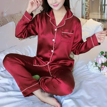 Moterų Pajama Komplektai Šilko Satino Pijama -žemyn Apykaklės Sleepwear ilgomis Rankovėmis Pavasario naktiniai drabužiai Femme 2 Vienetų Rinkinių Homewear