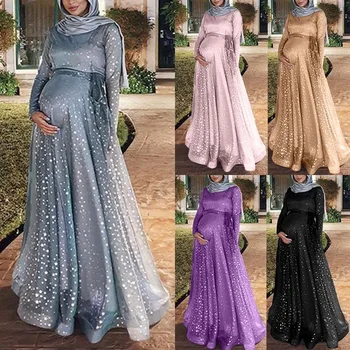 Moterų Pregant Suknelė Gėlių Musulmonų Abaja Gėlių Star Spausdinti Visą Rankovės Atsitiktinis Mados Rudens Lady Ilgos Suknelės