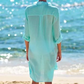 Moterų Swimwears Naujas Raukšlėta Dvi Kišenės Paplūdimio Cover Up Atvartas Permatomas Seksualus Bikini Viršūnes Palaidinės Maudymosi Balta Paplūdimio Drabužiai