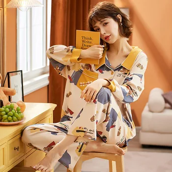 Nauja Rudens Žiemos Sleepwear 2 Gabalas Rinkiniai Moterų Medvilnės Pižama Turn-žemyn Apykaklės Homewear Soft Plus Size Pijama Pyjama XXXL