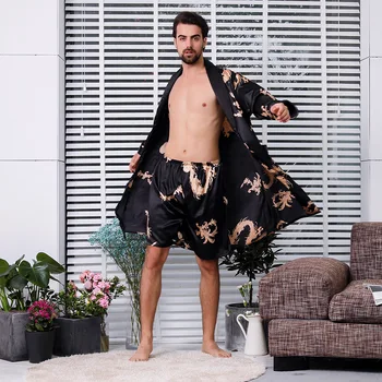 Prabangus Dviejų dalių Skraiste Tiktų Vyrų Šilkiniai Satino Pataluose Suknelė labai didelis 5XL Skraiste Su Drakonais Mens Satino Chalatas Šilko Kimono Vyrai