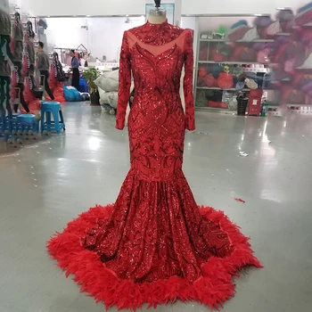 Raudona Blizgančių China Vakaro Suknelės Undinė 2020 Ilgomis Rankovėmis Plunksnos Juodos Mergina Baigimo Afrikos Moterų Oficialų Prom Šalis Suknelė