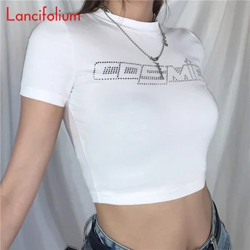 Seksualus Deimantų Marškinėliai Moterims Kosminės Grafinis Laiškas Mielas Pasėlių Top White Tee Marškinėliai Vasaros 2020 Kpop Nenaudėlis Egirl Apkarpytos Viršuje Femme