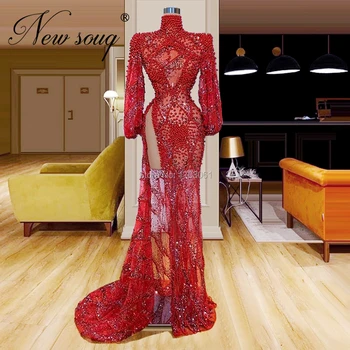 Skraiste Iliuzija Matyti Per Vakarines Sukneles Raudona Granulių Įžymybė Šalis Suknelė 2020 Couture Saudo Arabija Dubajus Blizgančiais Ilgai Prom Dress