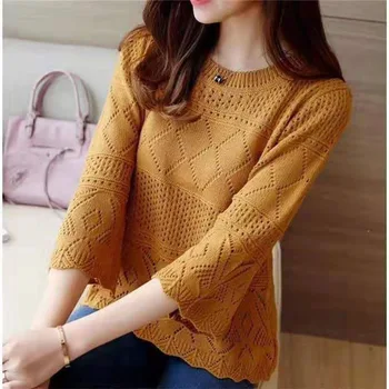 2019 m. pavasarį naujas plonas apvalios kaklo džemperis moterims, laisvas megztinis džemperis mados tendencija tuščiaviduriai dugno marškinėliai moterims