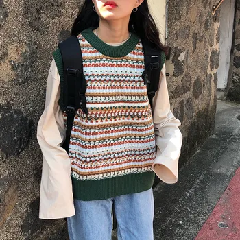 2019 m. rudens ir žiemos korėjos stilius derliaus spalvų kratinys megzti rankovių megztiniai liemenės moterų puloveriai moterų (F1369)