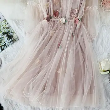 2020 m. rudenį naujų moterų, O-kaklo žibintų rankovės gazas pasakų sluoksniuotos suknelė moteriška gėlių appliques elegantiškas tinklinio princesės suknelės