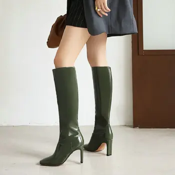 2020 m. žiemos vilnos viduje vakarų europos stiliaus vientisa spalva alyvuogių moterų knee-high batai storio aukštakulnius moteris batai dydis 48